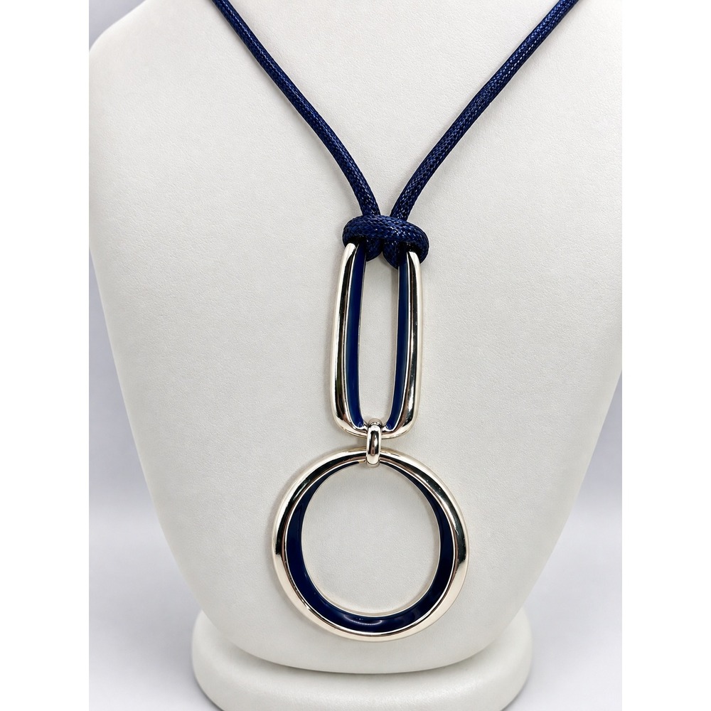 Chicos Pendant Necklace Women OS Navy Blue Good Enamel Silver Tone Cord Geo